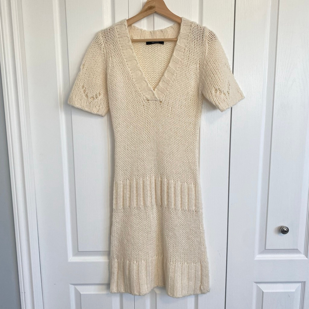 Vero Moda Knit Dress Medium Cream Short Sleeve V-Neck Cozy Soft Sheer Chunky - Picture 2 of 11